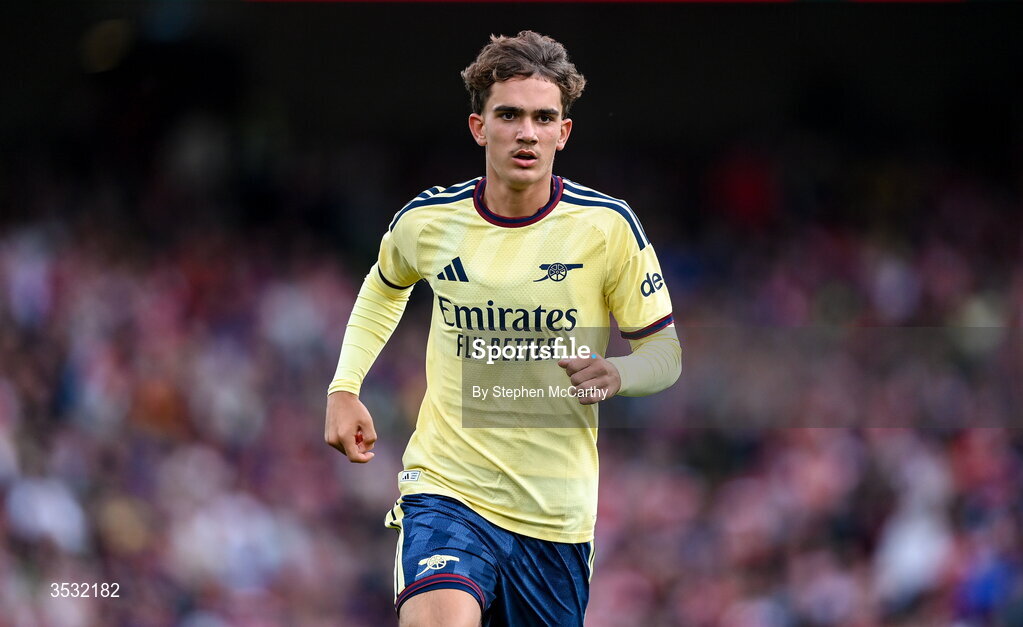 5 August 2026; Max Dowman of Arsenal during the pre-season friendly match between Arsenal and Real Betis at the Aviva Stadium in Dublin. Photo by Stephen McCarthy/Sportsfile