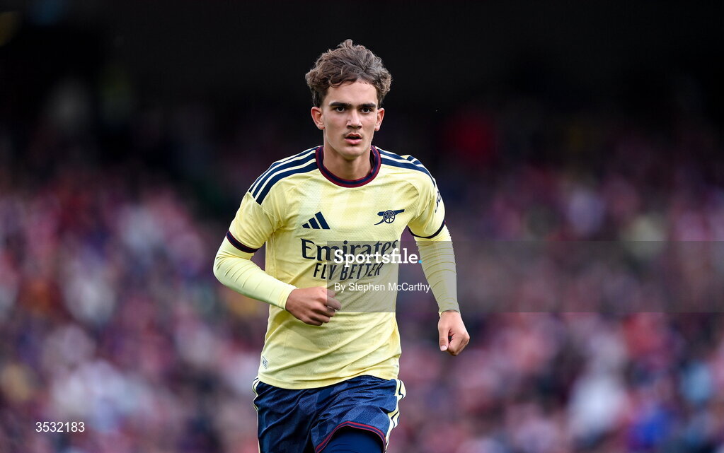 5 August 2026; Max Dowman of Arsenal during the pre-season friendly match between Arsenal and Real Betis at the Aviva Stadium in Dublin. Photo by Stephen McCarthy/Sportsfile