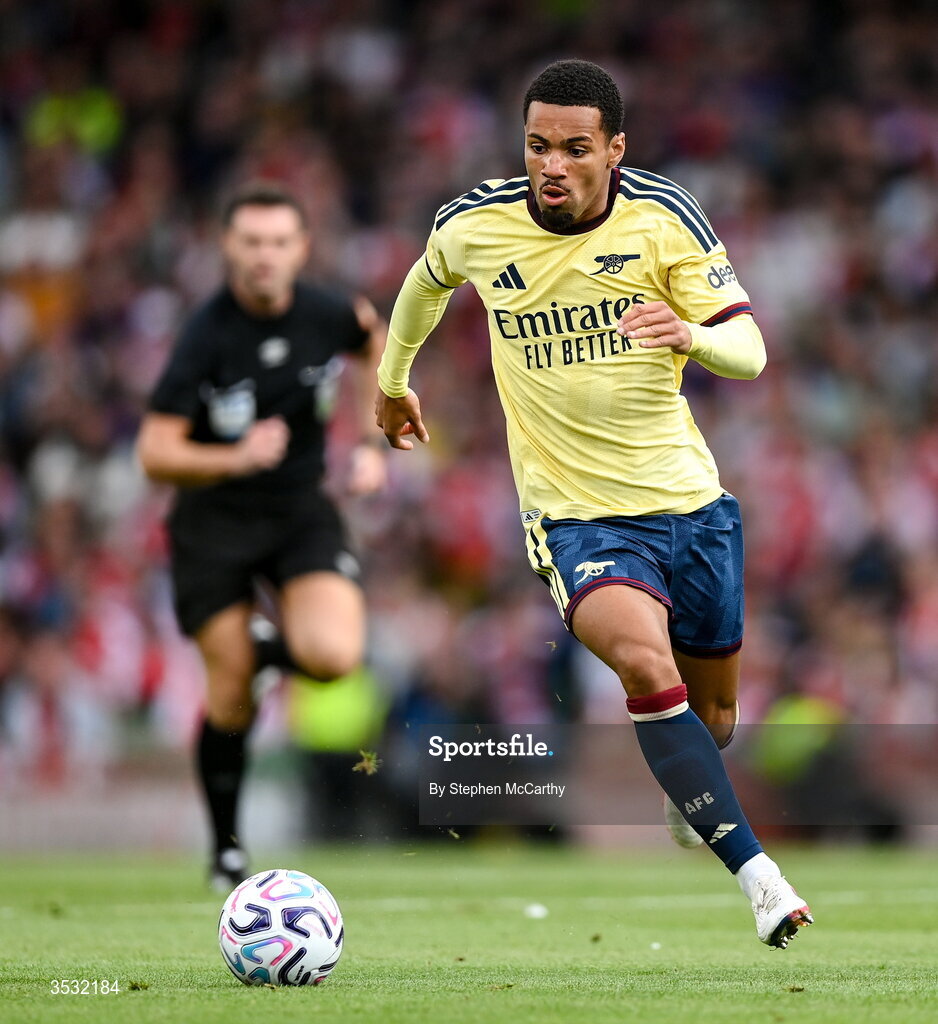 5 August 2026; Ethan Nwaneri of Arsenal during the pre-season friendly match between Arsenal and Real Betis at the Aviva Stadium in Dublin. Photo by Stephen McCarthy/Sportsfile