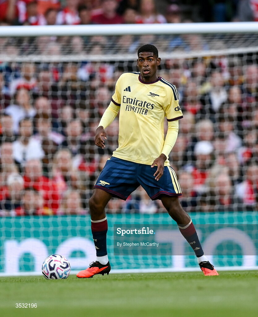 5 August 2026; Cristhian Mosquera of Arsenal during the pre-season friendly match between Arsenal and Real Betis at the Aviva Stadium in Dublin. Photo by Stephen McCarthy/Sportsfile