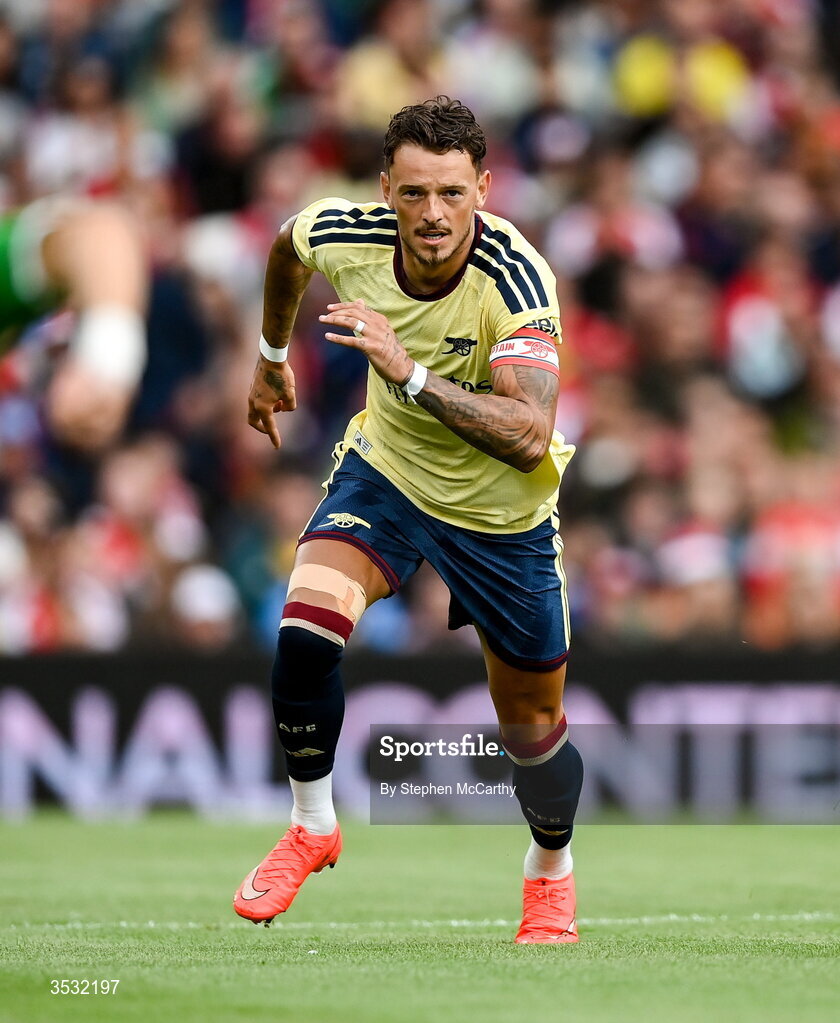 5 August 2026; Ben White of Arsenal during the pre-season friendly match between Arsenal and Real Betis at the Aviva Stadium in Dublin. Photo by Stephen McCarthy/Sportsfile