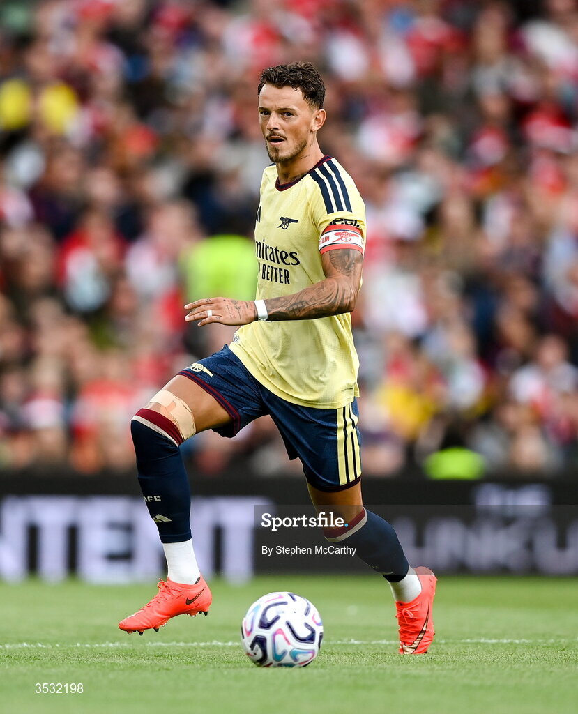 5 August 2026; Ben White of Arsenal during the pre-season friendly match between Arsenal and Real Betis at the Aviva Stadium in Dublin. Photo by Stephen McCarthy/Sportsfile