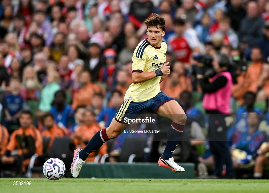 5 August 2026; Christos Tzolis of Arsenal during the pre-season friendly match between Arsenal and Real Betis at the Aviva Stadium in Dublin. Photo by Stephen McCarthy/Sportsfile