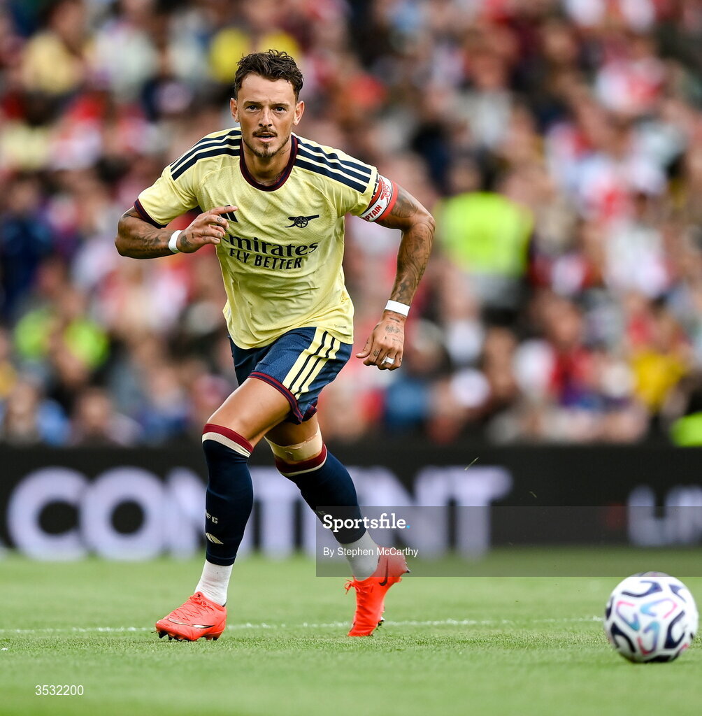 5 August 2026; Ben White of Arsenal during the pre-season friendly match between Arsenal and Real Betis at the Aviva Stadium in Dublin. Photo by Stephen McCarthy/Sportsfile
