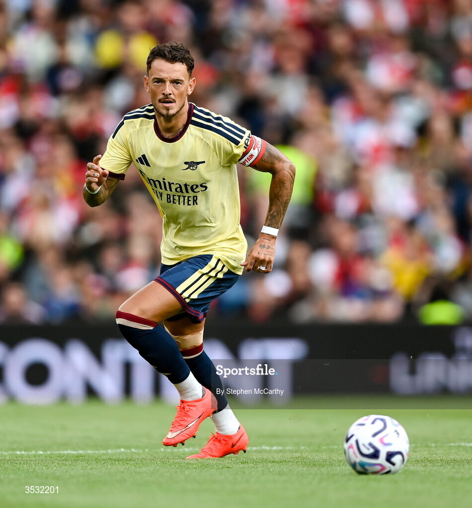 5 August 2026; Ben White of Arsenal during the pre-season friendly match between Arsenal and Real Betis at the Aviva Stadium in Dublin. Photo by Stephen McCarthy/Sportsfile