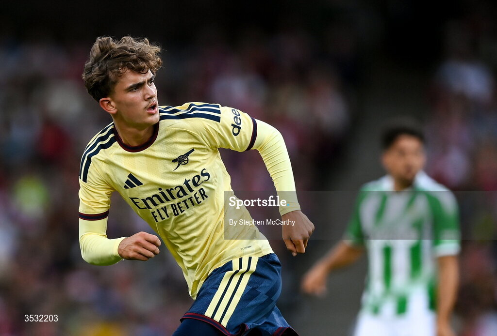 5 August 2026; Max Dowman of Arsenal during the pre-season friendly match between Arsenal and Real Betis at the Aviva Stadium in Dublin. Photo by Stephen McCarthy/Sportsfile