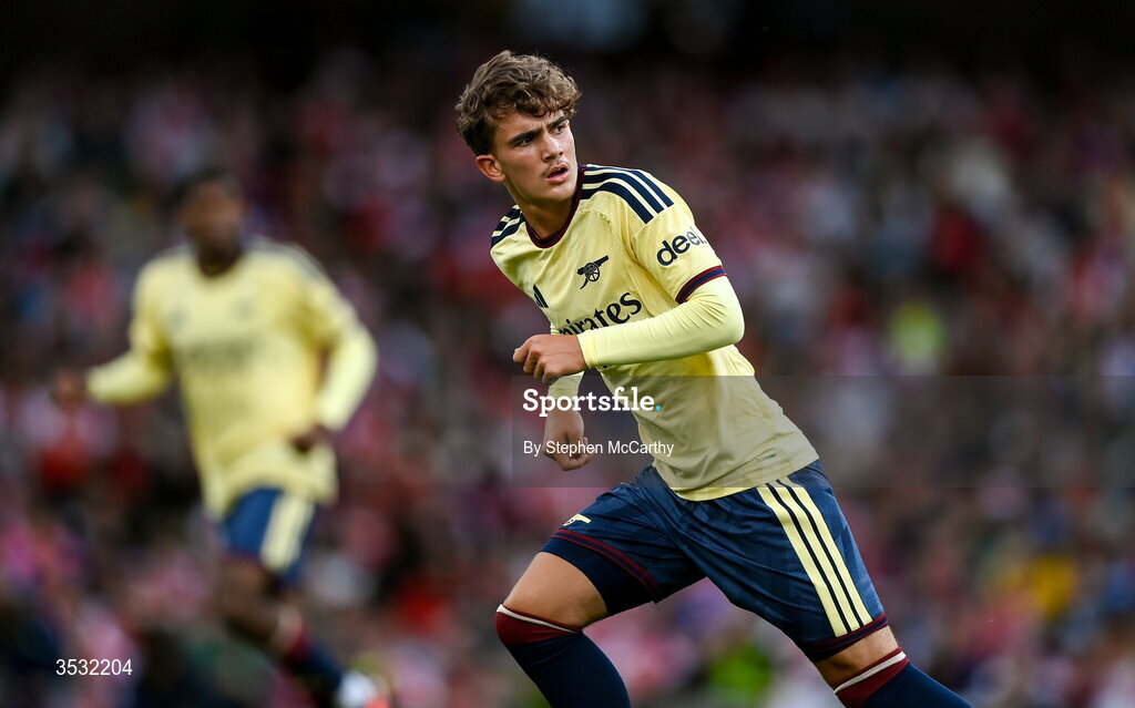 5 August 2026; Max Dowman of Arsenal during the pre-season friendly match between Arsenal and Real Betis at the Aviva Stadium in Dublin. Photo by Stephen McCarthy/Sportsfile