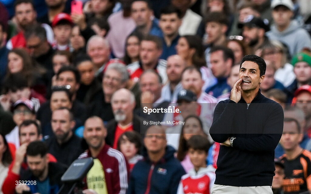 5 August 2026; Arsenal manager Mikel Arteta during the pre-season friendly match between Arsenal and Real Betis at the Aviva Stadium in Dublin. Photo by Stephen McCarthy/Sportsfile