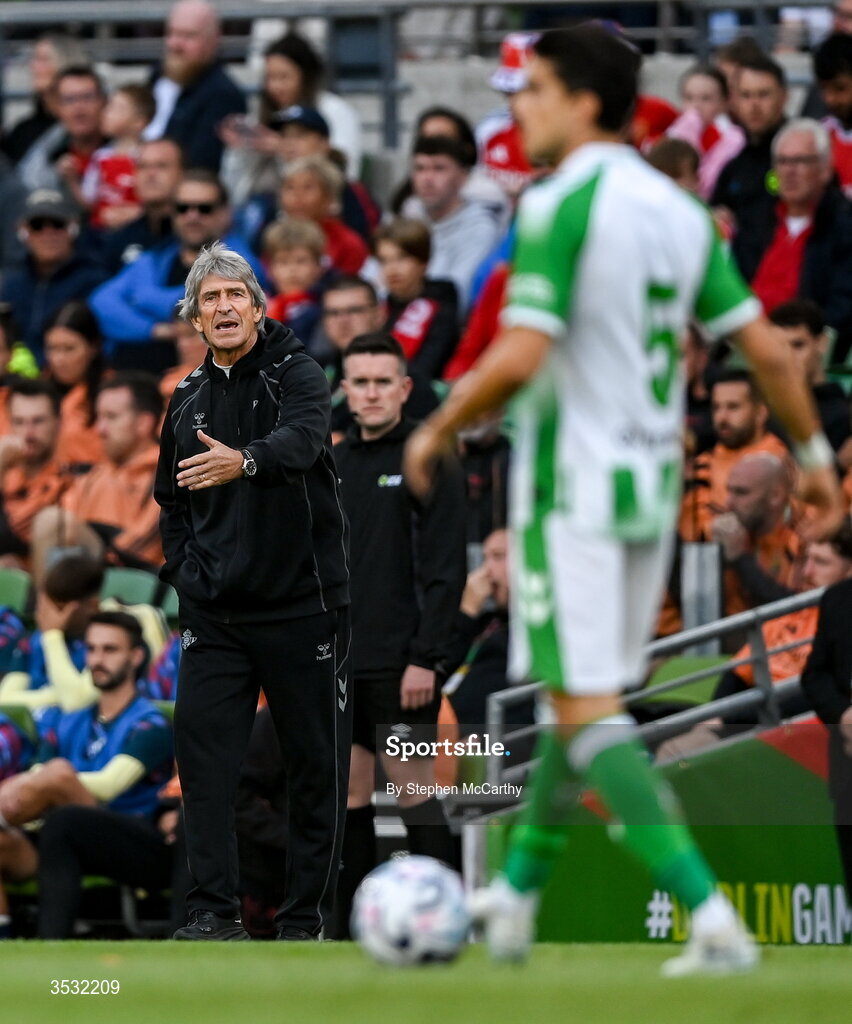 5 August 2026; Real Betis manager Manuel Pellegrini during the pre-season friendly match between Arsenal and Real Betis at the Aviva Stadium in Dublin. Photo by Stephen McCarthy/Sportsfile