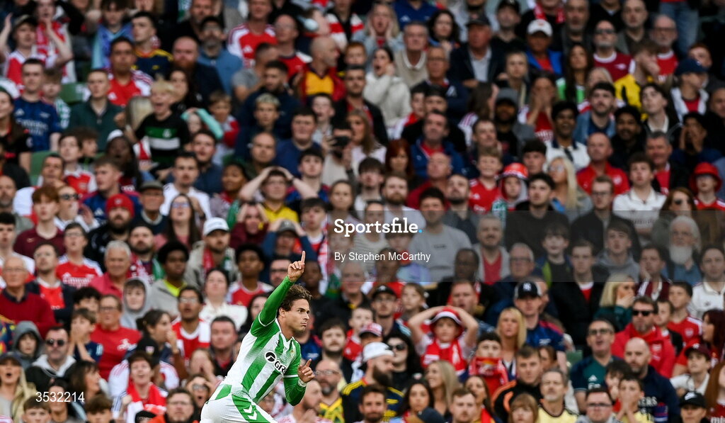 5 August 2026; Rodrigo Riquelme of Real Betis celebrates after scoring his side's first goal during the pre-season friendly match between Arsenal and Real Betis at the Aviva Stadium in Dublin. Photo by Stephen McCarthy/Sportsfile