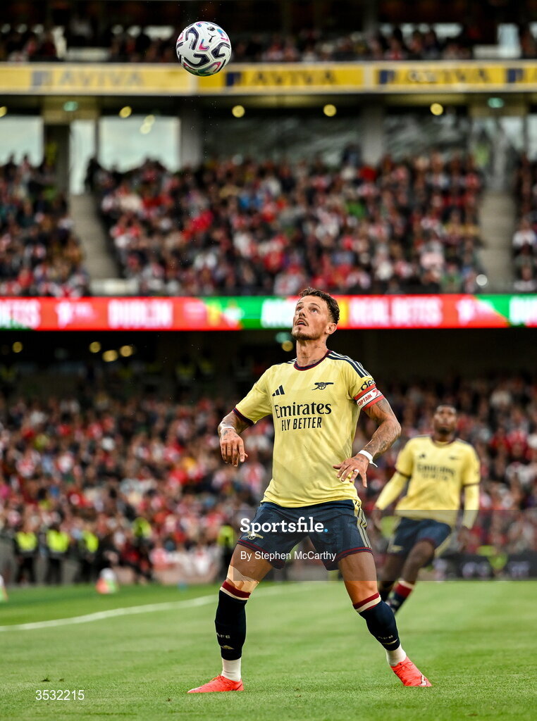5 August 2026; Ben White of Arsenal during the pre-season friendly match between Arsenal and Real Betis at the Aviva Stadium in Dublin. Photo by Stephen McCarthy/Sportsfile