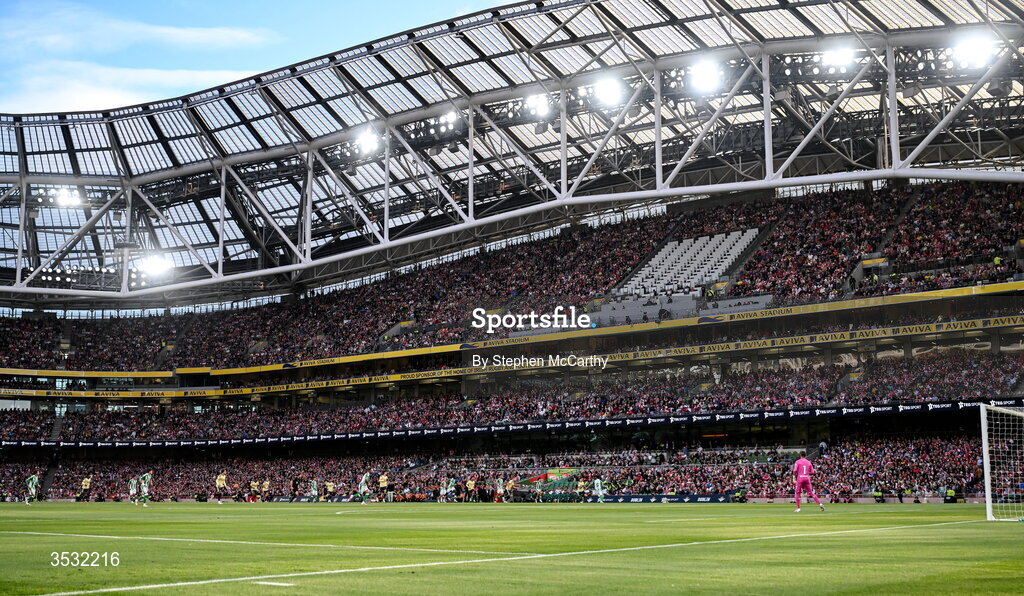 5 August 2026; A general view of the action during the pre-season friendly match between Arsenal and Real Betis at the Aviva Stadium in Dublin. Photo by Stephen McCarthy/Sportsfile