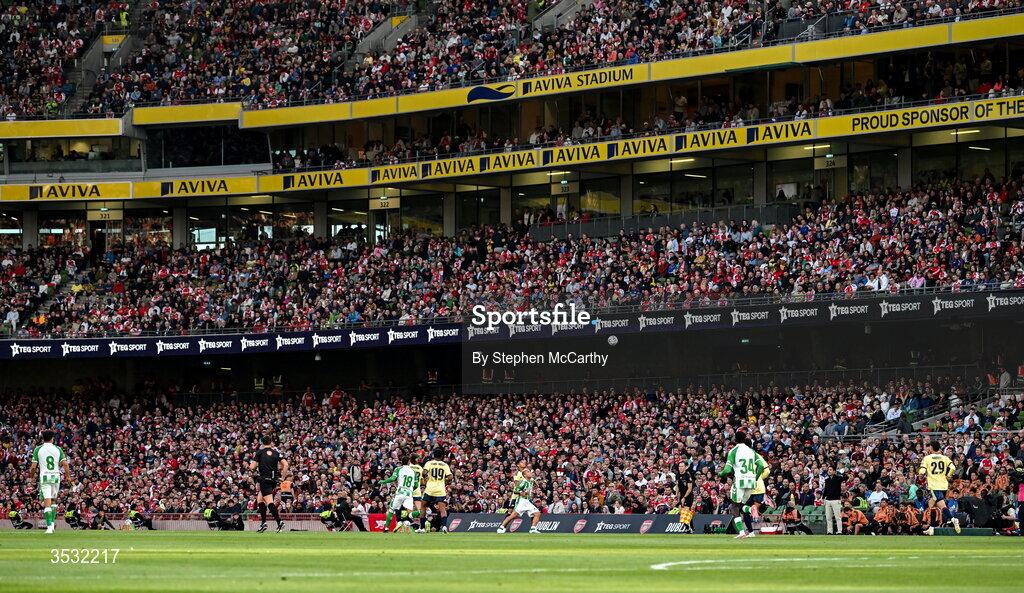 5 August 2026; A general view of the action during the pre-season friendly match between Arsenal and Real Betis at the Aviva Stadium in Dublin. Photo by Stephen McCarthy/Sportsfile