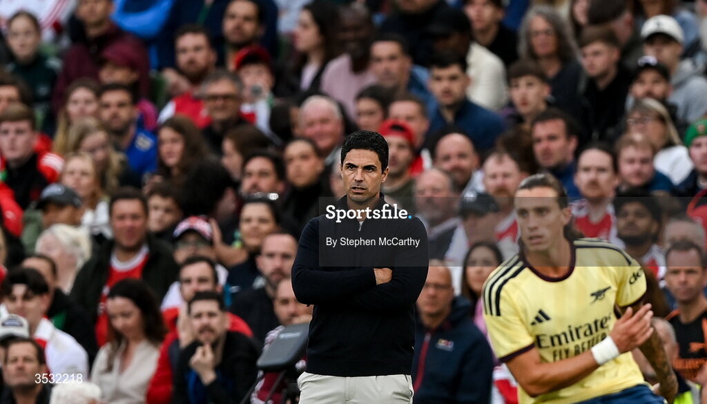 5 August 2026; Arsenal manager Mikel Arteta during the pre-season friendly match between Arsenal and Real Betis at the Aviva Stadium in Dublin. Photo by Stephen McCarthy/Sportsfile