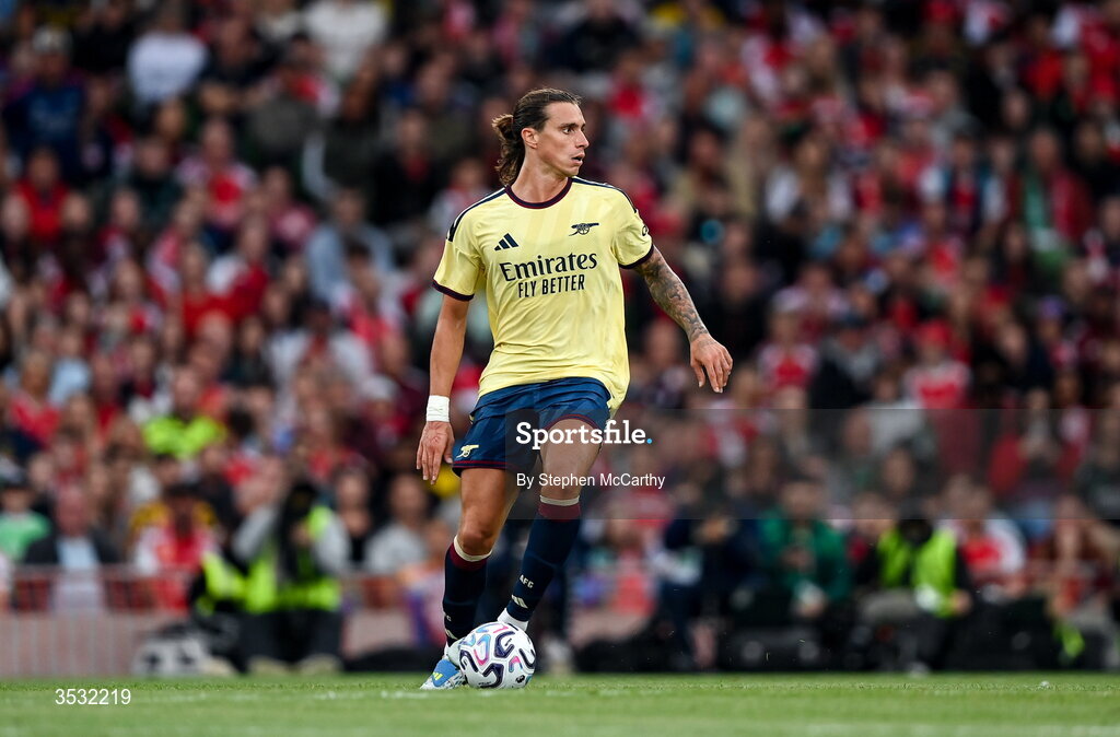 5 August 2026; Riccardo Calafiori of Arsenal during the pre-season friendly match between Arsenal and Real Betis at the Aviva Stadium in Dublin. Photo by Stephen McCarthy/Sportsfile