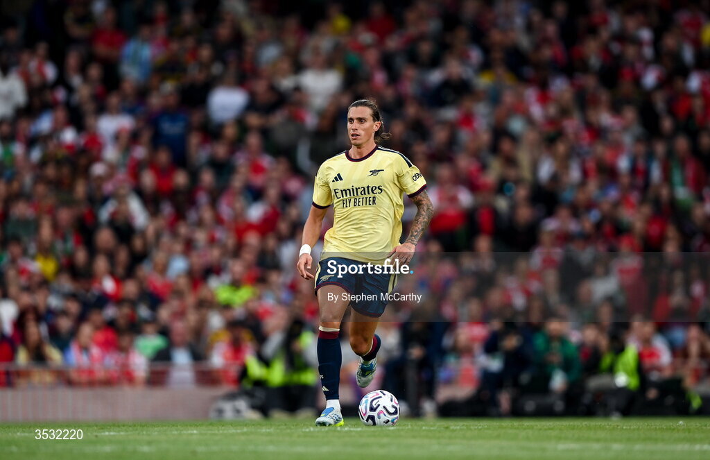 5 August 2026; Riccardo Calafiori of Arsenal during the pre-season friendly match between Arsenal and Real Betis at the Aviva Stadium in Dublin. Photo by Stephen McCarthy/Sportsfile