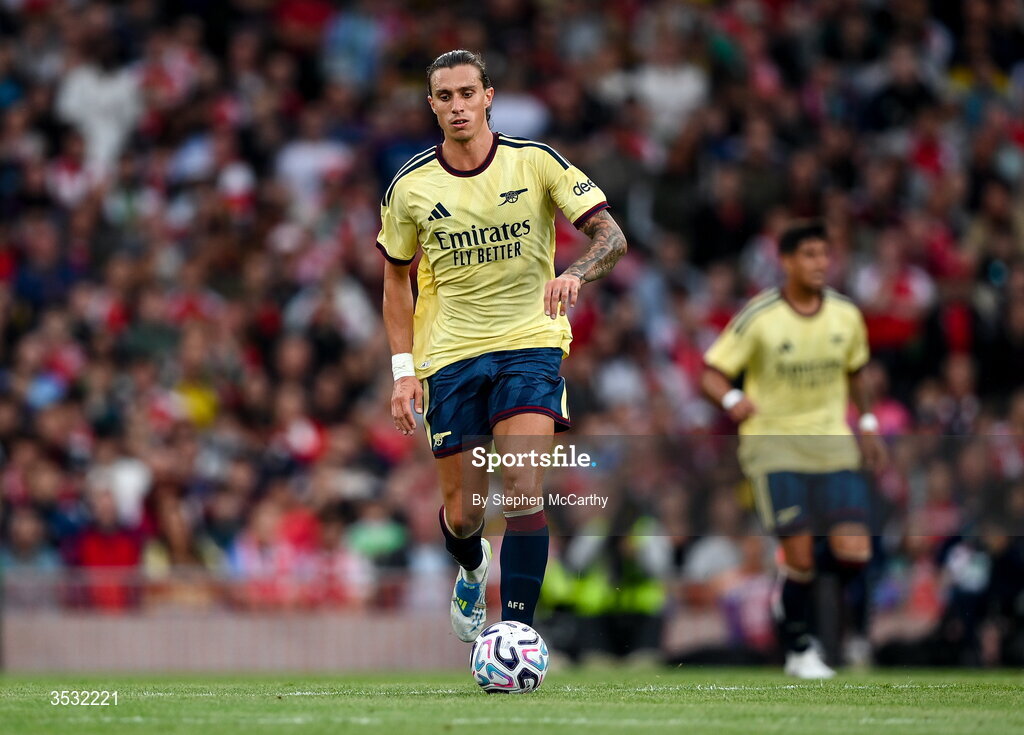 5 August 2026; Riccardo Calafiori of Arsenal during the pre-season friendly match between Arsenal and Real Betis at the Aviva Stadium in Dublin. Photo by Stephen McCarthy/Sportsfile