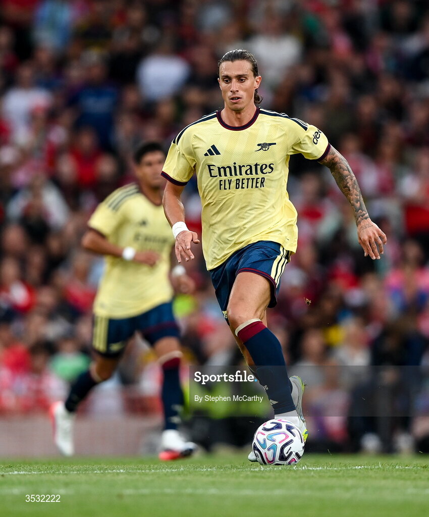 5 August 2026; Riccardo Calafiori of Arsenal during the pre-season friendly match between Arsenal and Real Betis at the Aviva Stadium in Dublin. Photo by Stephen McCarthy/Sportsfile