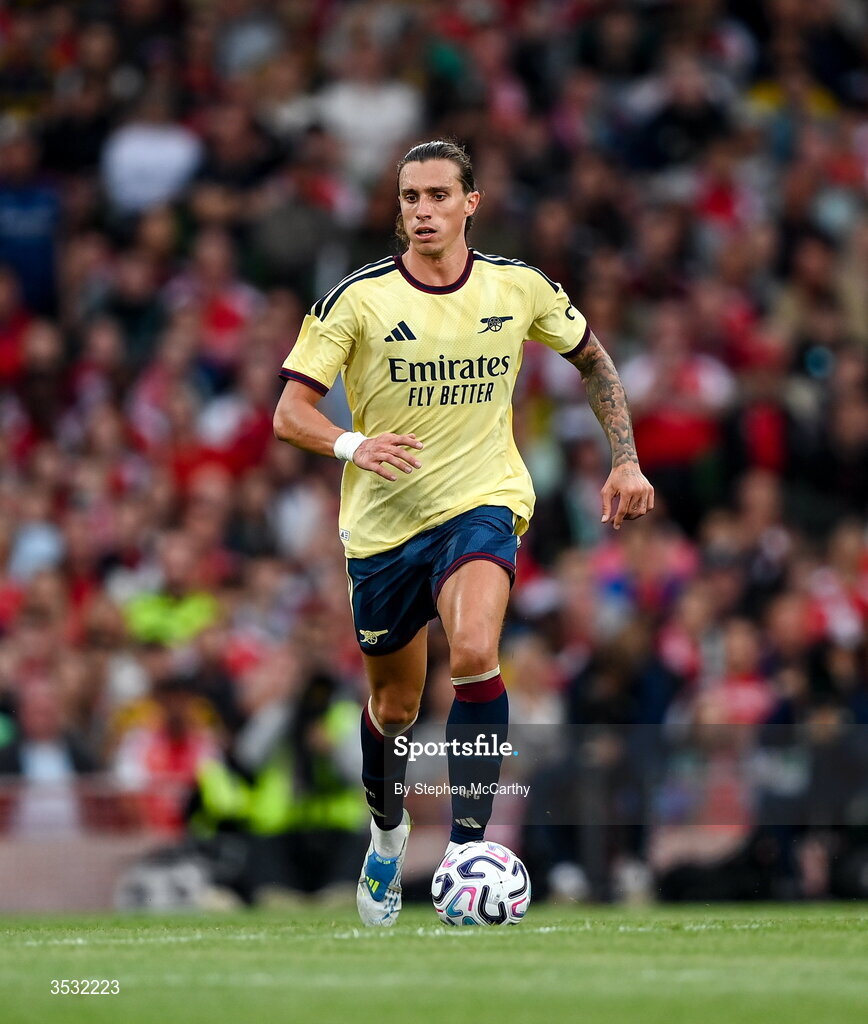 5 August 2026; Riccardo Calafiori of Arsenal during the pre-season friendly match between Arsenal and Real Betis at the Aviva Stadium in Dublin. Photo by Stephen McCarthy/Sportsfile