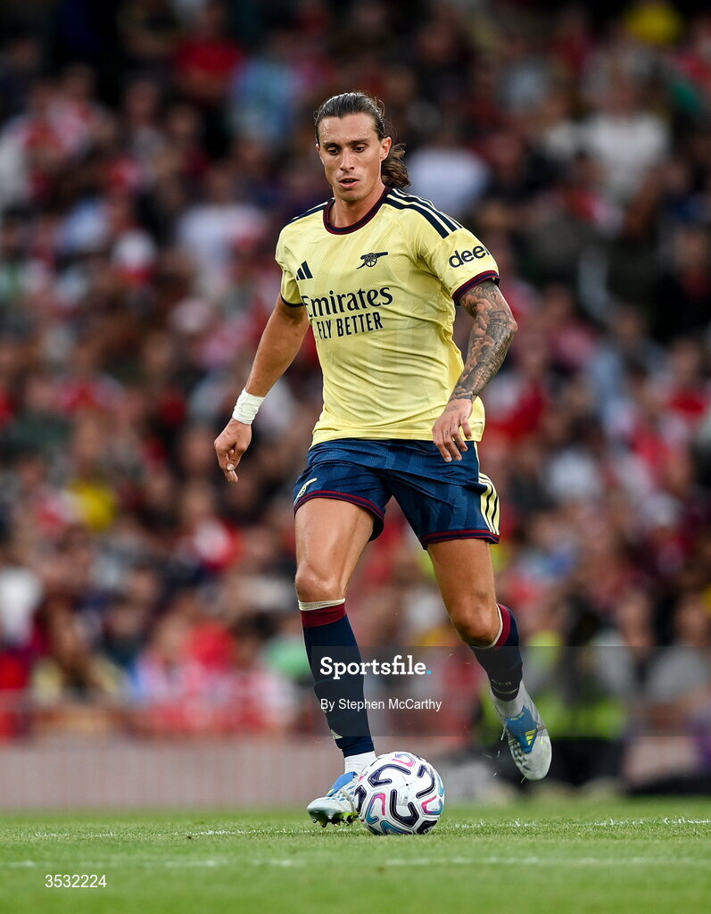 5 August 2026; Riccardo Calafiori of Arsenal during the pre-season friendly match between Arsenal and Real Betis at the Aviva Stadium in Dublin. Photo by Stephen McCarthy/Sportsfile