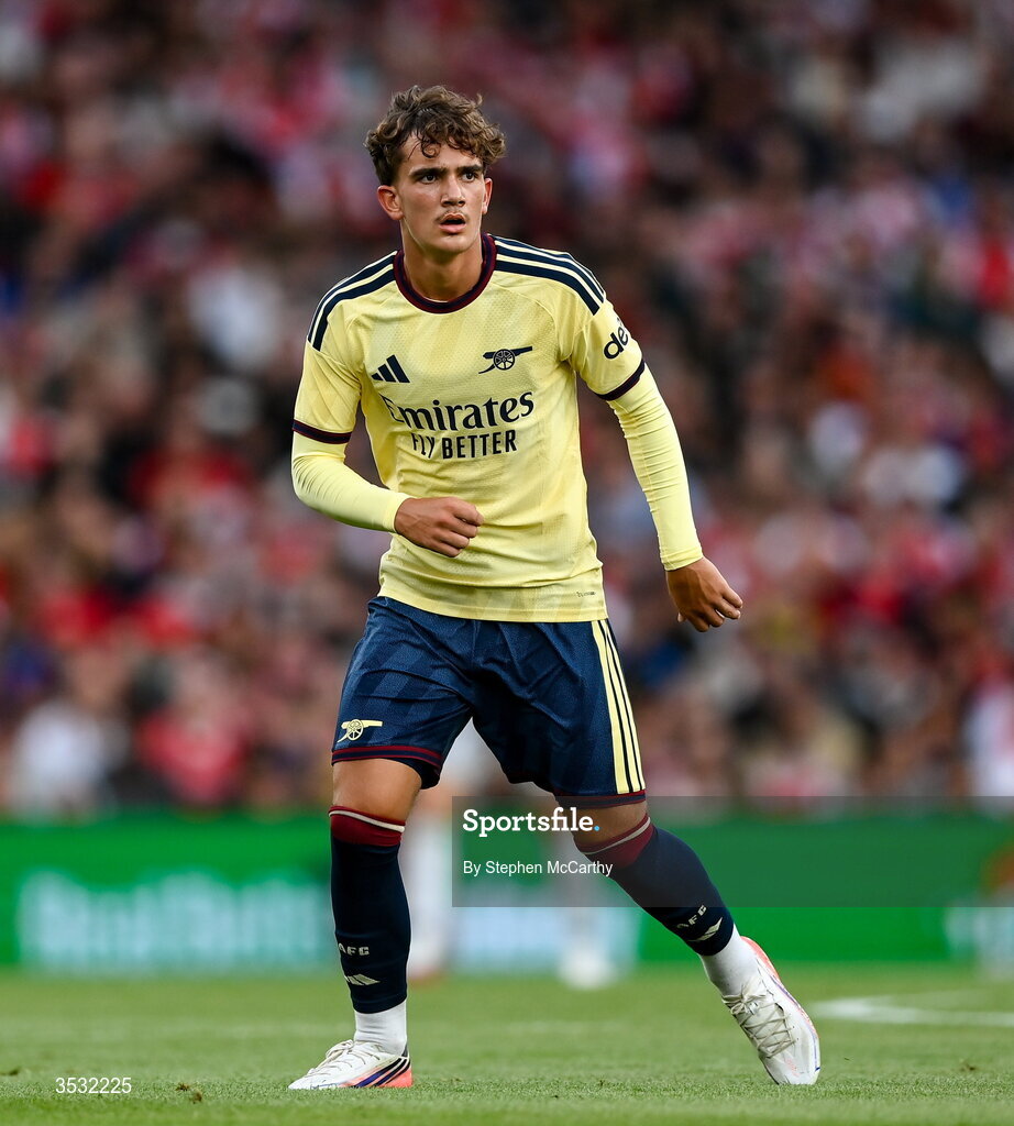 5 August 2026; Max Dowman of Arsenal during the pre-season friendly match between Arsenal and Real Betis at the Aviva Stadium in Dublin. Photo by Stephen McCarthy/Sportsfile