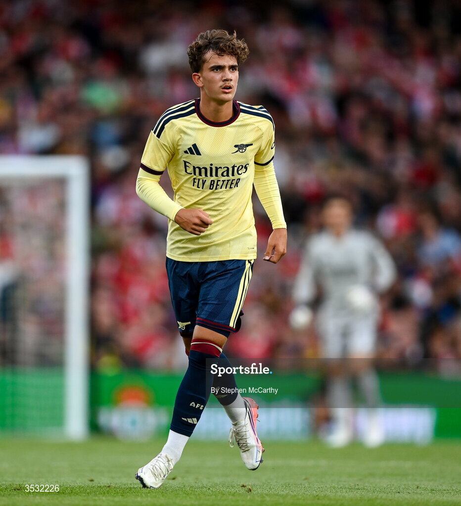 5 August 2026; Max Dowman of Arsenal during the pre-season friendly match between Arsenal and Real Betis at the Aviva Stadium in Dublin. Photo by Stephen McCarthy/Sportsfile