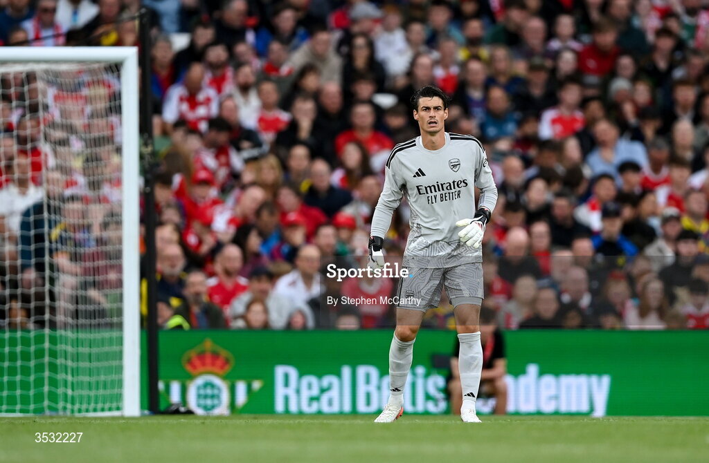 5 August 2026; Arsenal goalkeeper Kepa Arrizabalaga during the pre-season friendly match between Arsenal and Real Betis at the Aviva Stadium in Dublin. Photo by Stephen McCarthy/Sportsfile