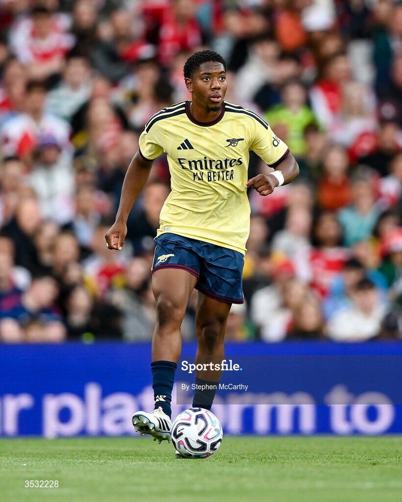 5 August 2026; Myles Lewis-Skelly of Arsenal during the pre-season friendly match between Arsenal and Real Betis at the Aviva Stadium in Dublin. Photo by Stephen McCarthy/Sportsfile