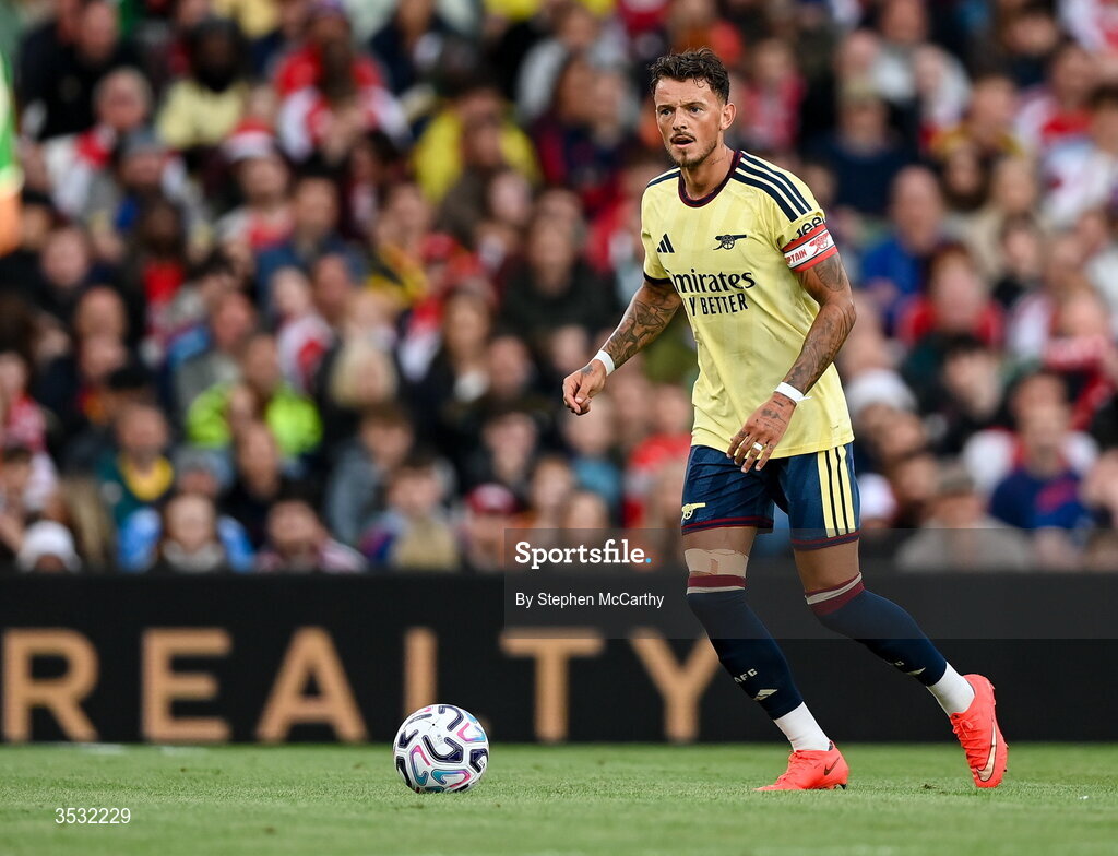 5 August 2026; Ben White of Arsenal during the pre-season friendly match between Arsenal and Real Betis at the Aviva Stadium in Dublin. Photo by Stephen McCarthy/Sportsfile