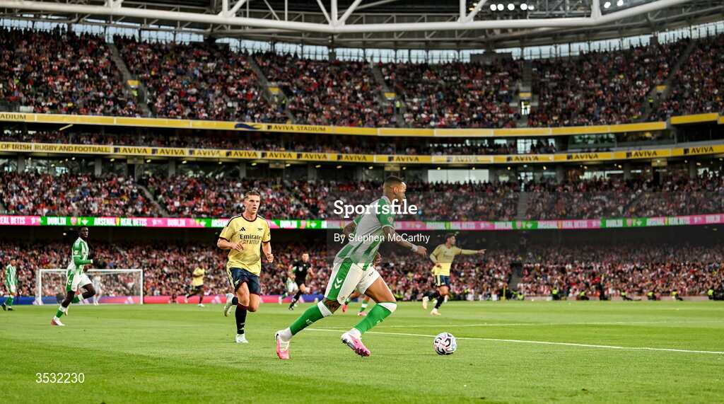 5 August 2026; Natan of Real Betis during the pre-season friendly match between Arsenal and Real Betis at the Aviva Stadium in Dublin. Photo by Stephen McCarthy/Sportsfile