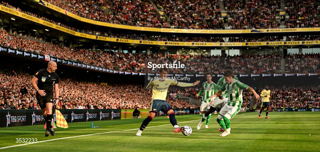 5 August 2026; Max Dowman of Arsenal during the pre-season friendly match between Arsenal and Real Betis at the Aviva Stadium in Dublin. Photo by Stephen McCarthy/Sportsfile