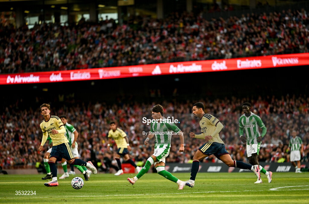 5 August 2026; Fran García of Real Betis during the pre-season friendly match between Arsenal and Real Betis at the Aviva Stadium in Dublin. Photo by Stephen McCarthy/Sportsfile