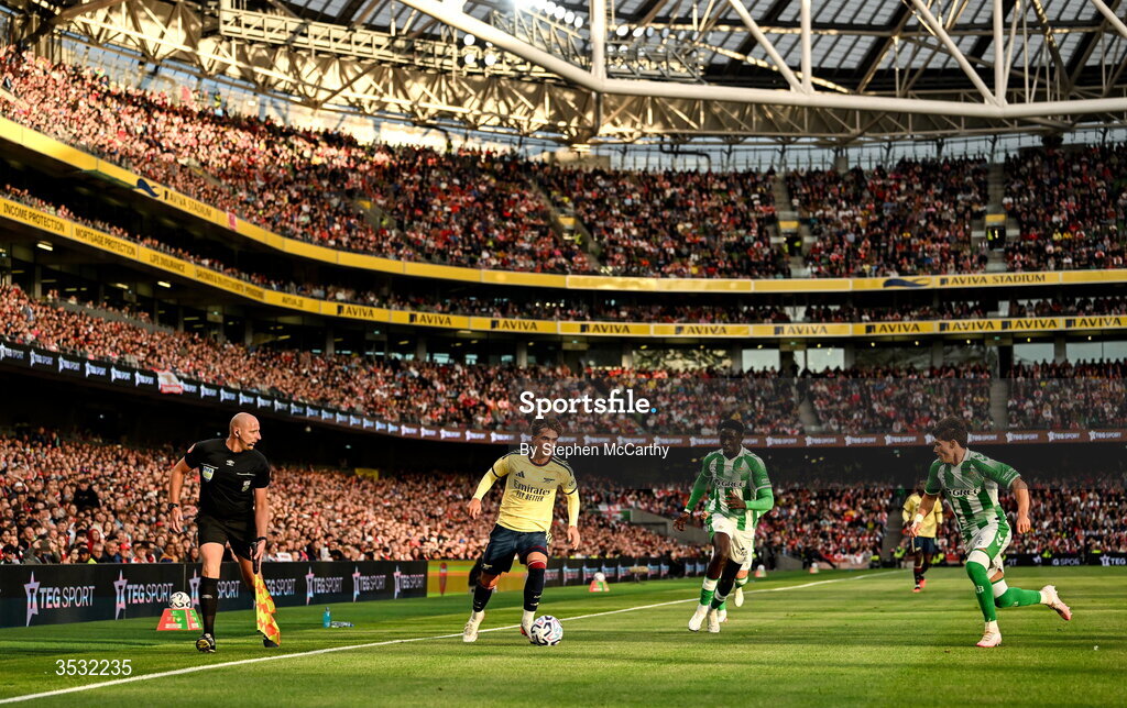 5 August 2026; Max Dowman of Arsenal during the pre-season friendly match between Arsenal and Real Betis at the Aviva Stadium in Dublin. Photo by Stephen McCarthy/Sportsfile