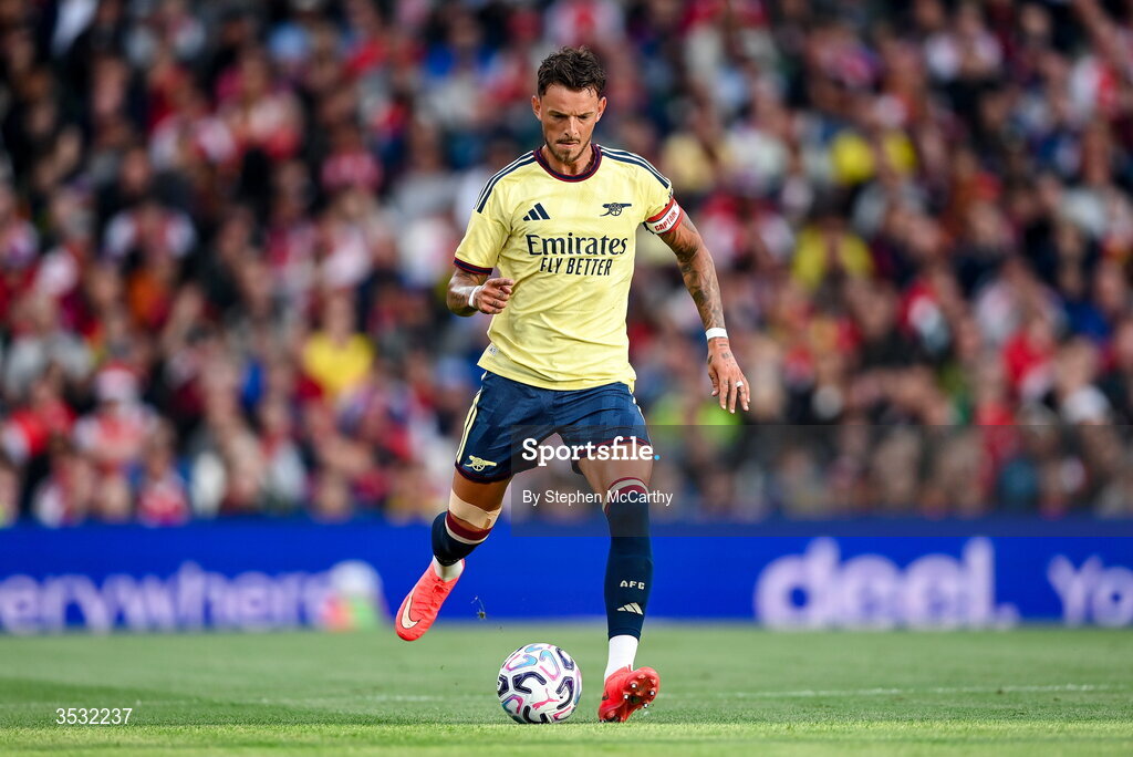 5 August 2026; Ben White of Arsenal during the pre-season friendly match between Arsenal and Real Betis at the Aviva Stadium in Dublin. Photo by Stephen McCarthy/Sportsfile