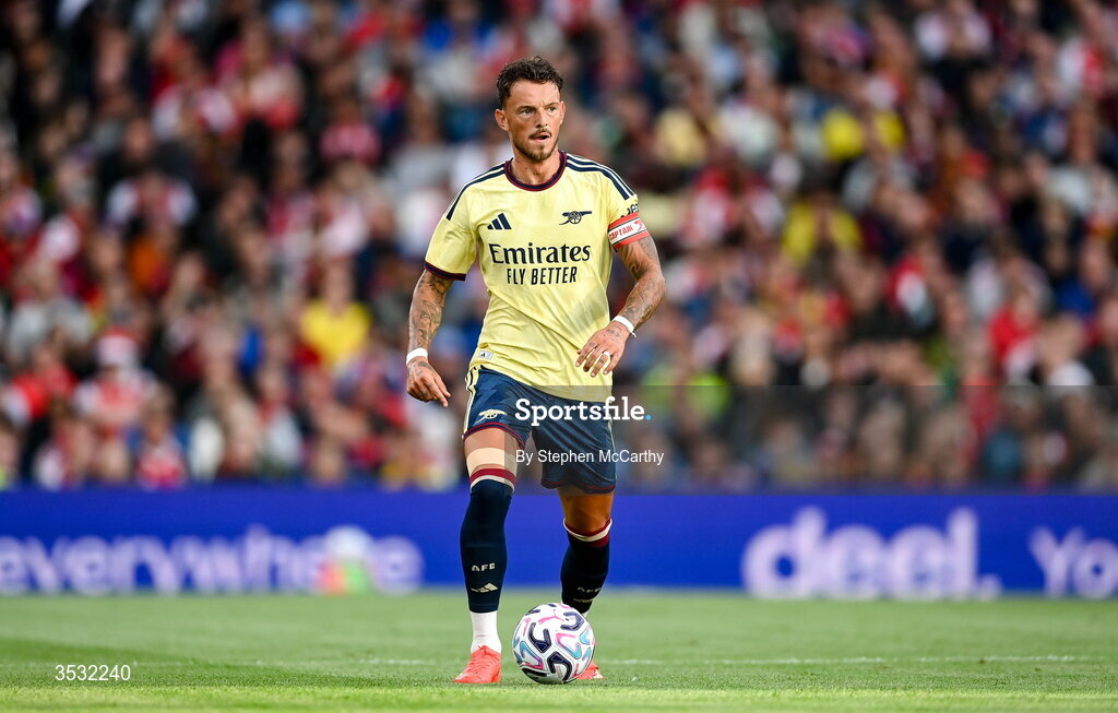 5 August 2026; Ben White of Arsenal during the pre-season friendly match between Arsenal and Real Betis at the Aviva Stadium in Dublin. Photo by Stephen McCarthy/Sportsfile