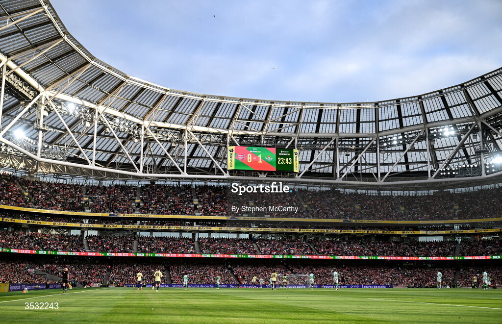 5 August 2026; A general view of Aviva Stadium during the pre-season friendly match between Arsenal and Real Betis at the Aviva Stadium in Dublin. Photo by Stephen McCarthy/Sportsfile