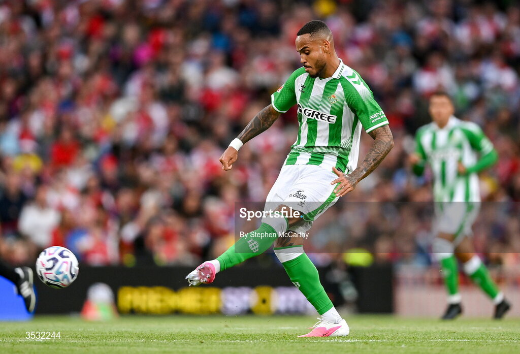 5 August 2026; Natan of Real Betis during the pre-season friendly match between Arsenal and Real Betis at the Aviva Stadium in Dublin. Photo by Stephen McCarthy/Sportsfile