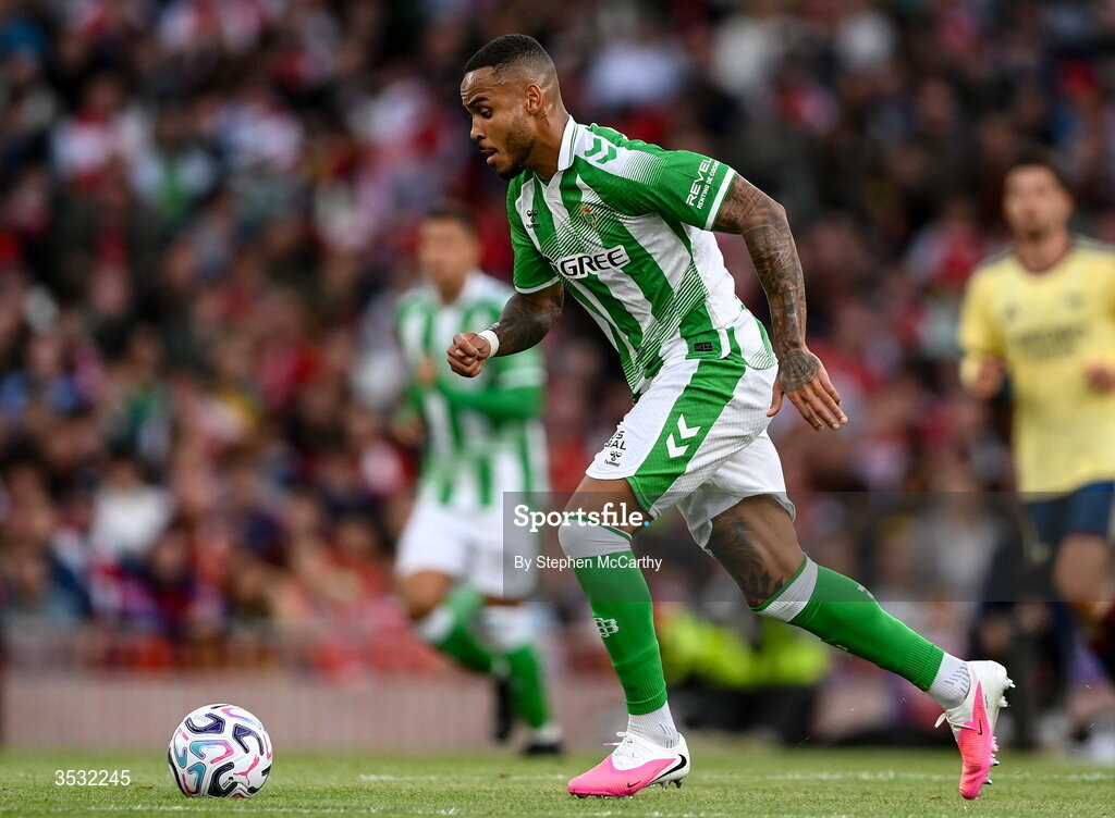 5 August 2026; Natan of Real Betis during the pre-season friendly match between Arsenal and Real Betis at the Aviva Stadium in Dublin. Photo by Stephen McCarthy/Sportsfile