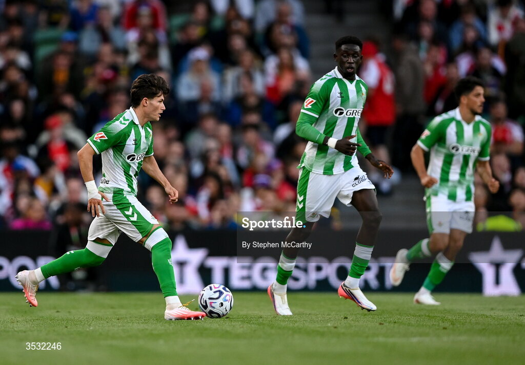 5 August 2026; Fran García of Real Betis during the pre-season friendly match between Arsenal and Real Betis at the Aviva Stadium in Dublin. Photo by Stephen McCarthy/Sportsfile