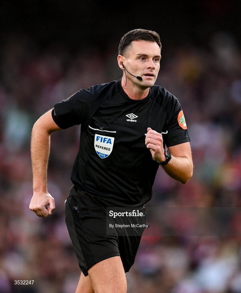 5 August 2026; Referee Rob Hennessy during the pre-season friendly match between Arsenal and Real Betis at the Aviva Stadium in Dublin. Photo by Stephen McCarthy/Sportsfile