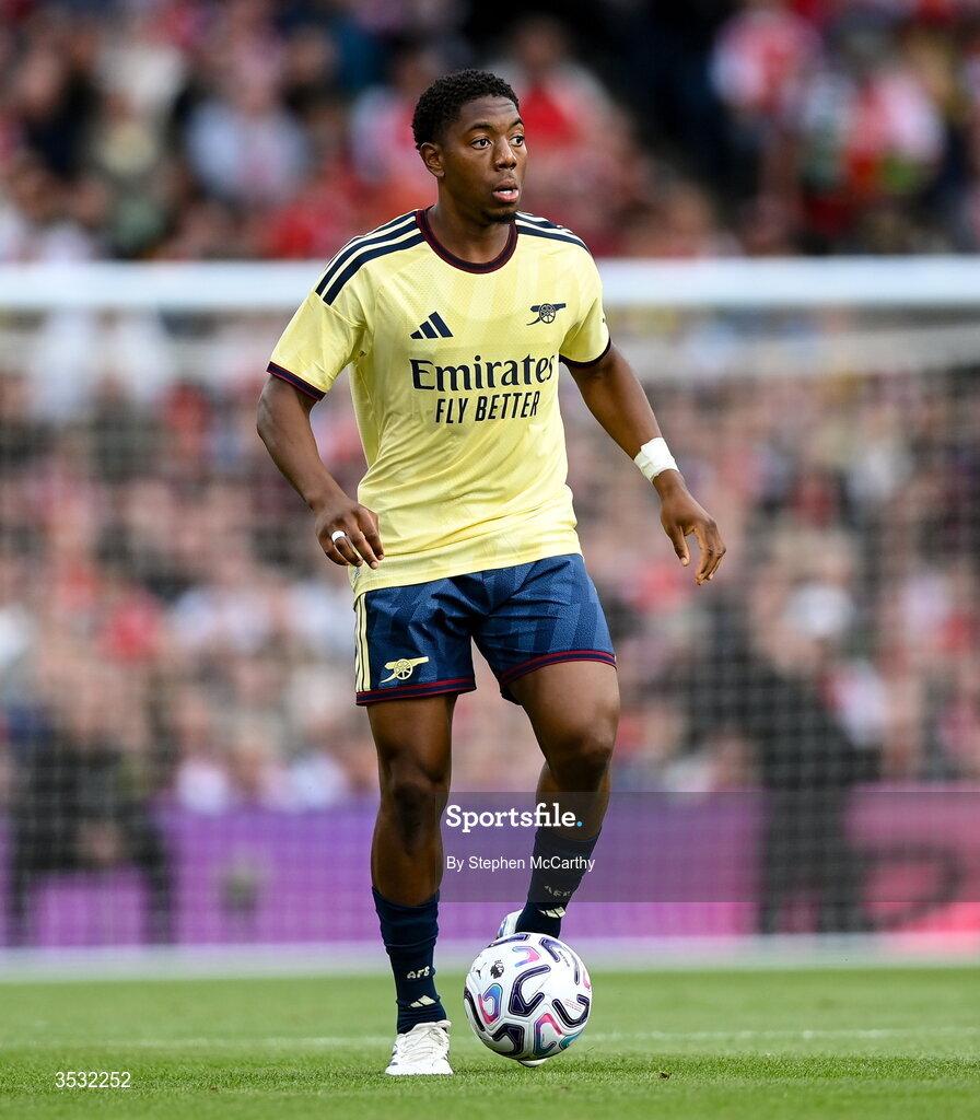5 August 2026; Myles Lewis-Skelly of Arsenal during the pre-season friendly match between Arsenal and Real Betis at the Aviva Stadium in Dublin. Photo by Stephen McCarthy/Sportsfile