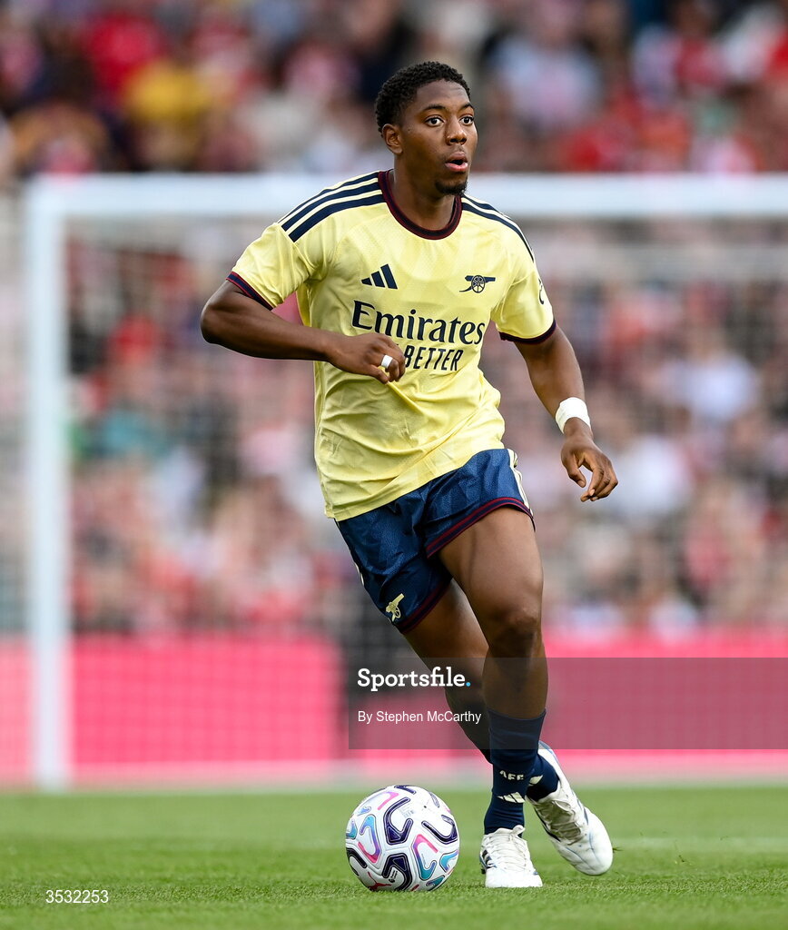 5 August 2026; Myles Lewis-Skelly of Arsenal during the pre-season friendly match between Arsenal and Real Betis at the Aviva Stadium in Dublin. Photo by Stephen McCarthy/Sportsfile