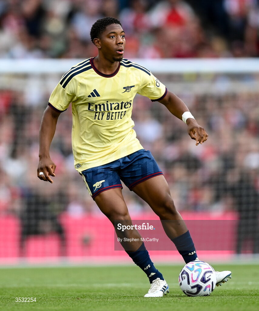 5 August 2026; Myles Lewis-Skelly of Arsenal during the pre-season friendly match between Arsenal and Real Betis at the Aviva Stadium in Dublin. Photo by Stephen McCarthy/Sportsfile