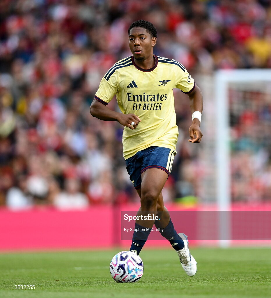 5 August 2026; Myles Lewis-Skelly of Arsenal during the pre-season friendly match between Arsenal and Real Betis at the Aviva Stadium in Dublin. Photo by Stephen McCarthy/Sportsfile