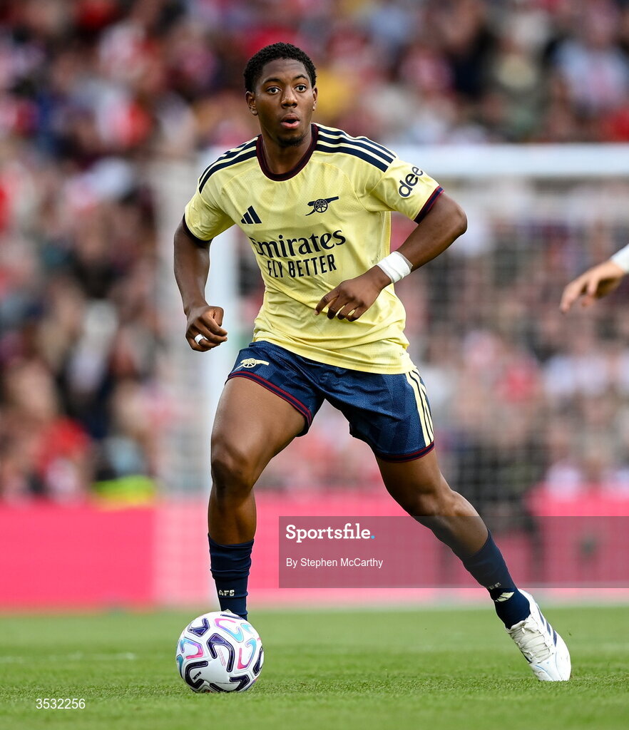 5 August 2026; Myles Lewis-Skelly of Arsenal during the pre-season friendly match between Arsenal and Real Betis at the Aviva Stadium in Dublin. Photo by Stephen McCarthy/Sportsfile