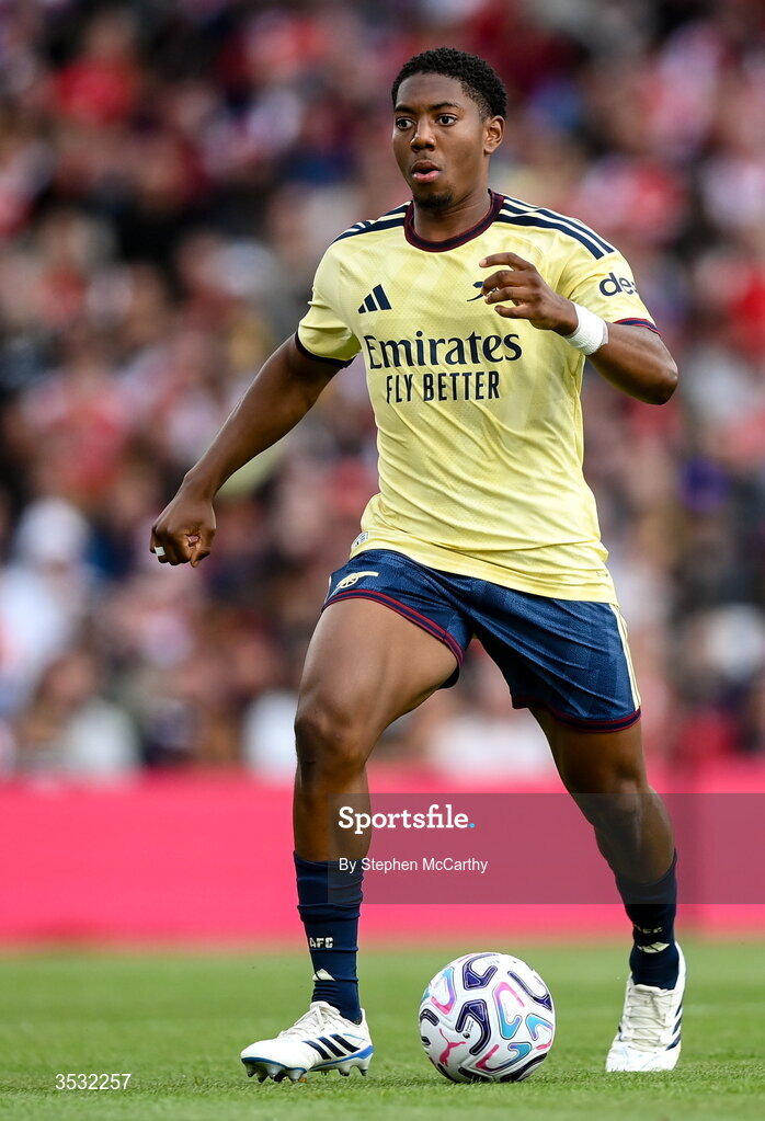 5 August 2026; Myles Lewis-Skelly of Arsenal during the pre-season friendly match between Arsenal and Real Betis at the Aviva Stadium in Dublin. Photo by Stephen McCarthy/Sportsfile