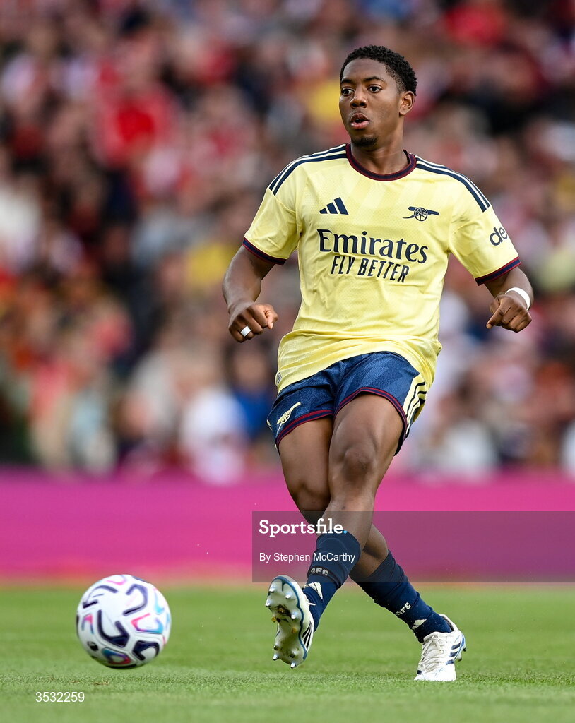 5 August 2026; Myles Lewis-Skelly of Arsenal during the pre-season friendly match between Arsenal and Real Betis at the Aviva Stadium in Dublin. Photo by Stephen McCarthy/Sportsfile