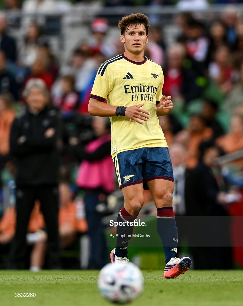 5 August 2026; Christos Tzolis of Arsenal during the pre-season friendly match between Arsenal and Real Betis at the Aviva Stadium in Dublin. Photo by Stephen McCarthy/Sportsfile