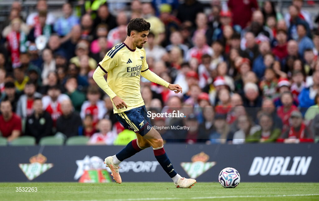 5 August 2026; Kai Havertz of Arsenal during the pre-season friendly match between Arsenal and Real Betis at the Aviva Stadium in Dublin. Photo by Stephen McCarthy/Sportsfile