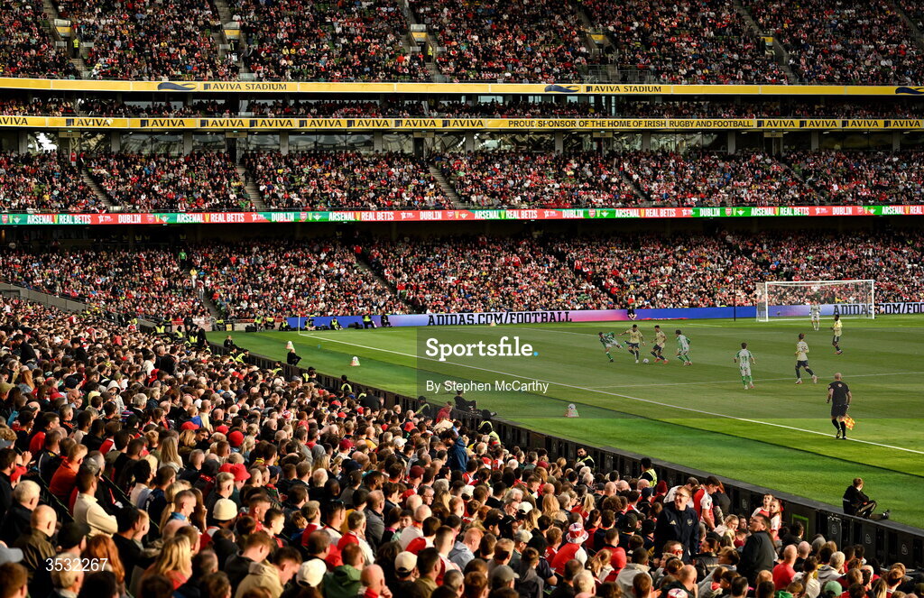5 August 2026; A general view of the action during the pre-season friendly match between Arsenal and Real Betis at the Aviva Stadium in Dublin. Photo by Stephen McCarthy/Sportsfile